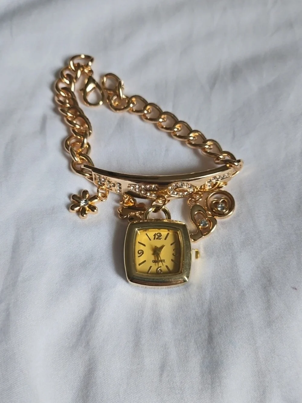 Gold Charm Bracelet Watch with Flower and Crystal Accents - Women Accessories